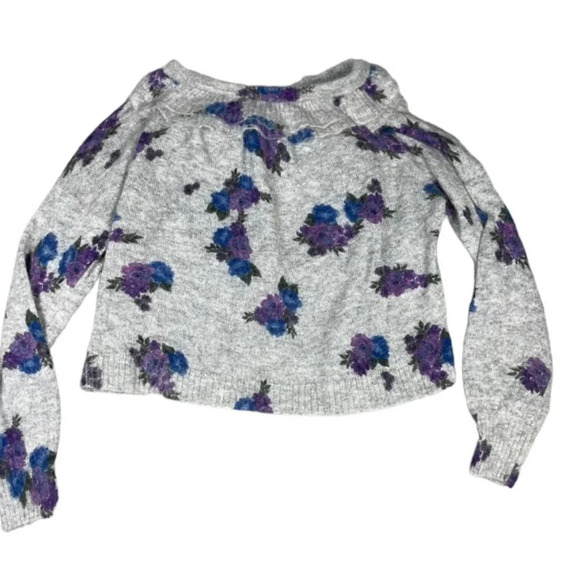 Something Navy Sweater Womens Medium Grey Alpaca Wool Floral Ruffle Feminine - Picture 4 of 9